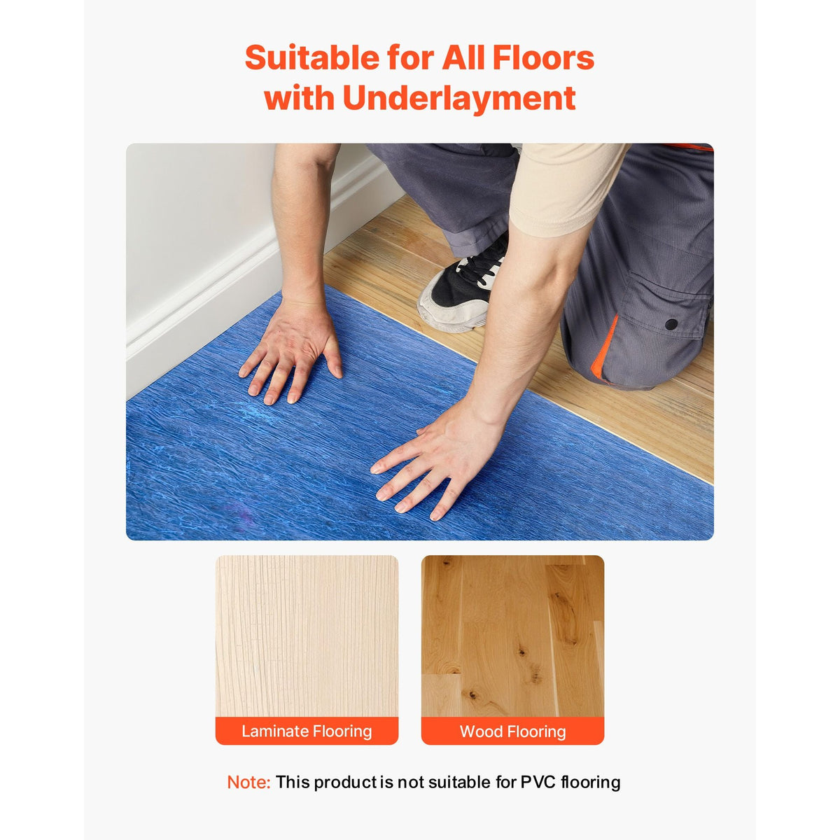 Floor Underlayment 200 sq. ft/Roll, 3 mm Thick Laminate Flooring Padding with Attached Vapor Barrier, Heavy Duty Fiber + PE Film, Soundproofing & Noise Reduction, Ideal for Vinyl Wood