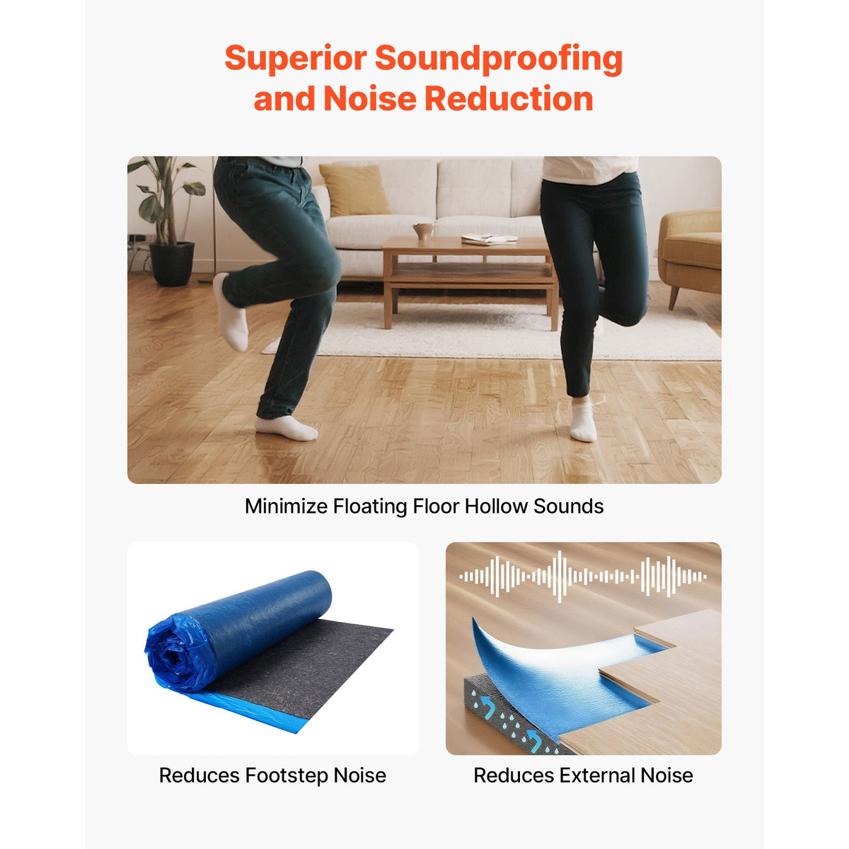 Floor Underlayment 200 sq. ft/Roll, 3 mm Thick Laminate Flooring Padding with Attached Vapor Barrier, Heavy Duty Fiber + PE Film, Soundproofing & Noise Reduction, Ideal for Vinyl Wood