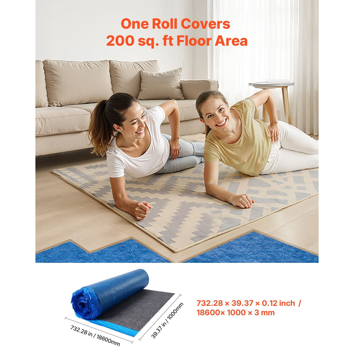 Floor Underlayment 200 sq. ft/Roll, 3 mm Thick Laminate Flooring Padding with Attached Vapor Barrier, Heavy Duty Fiber + PE Film, Soundproofing & Noise Reduction, Ideal for Vinyl Wood