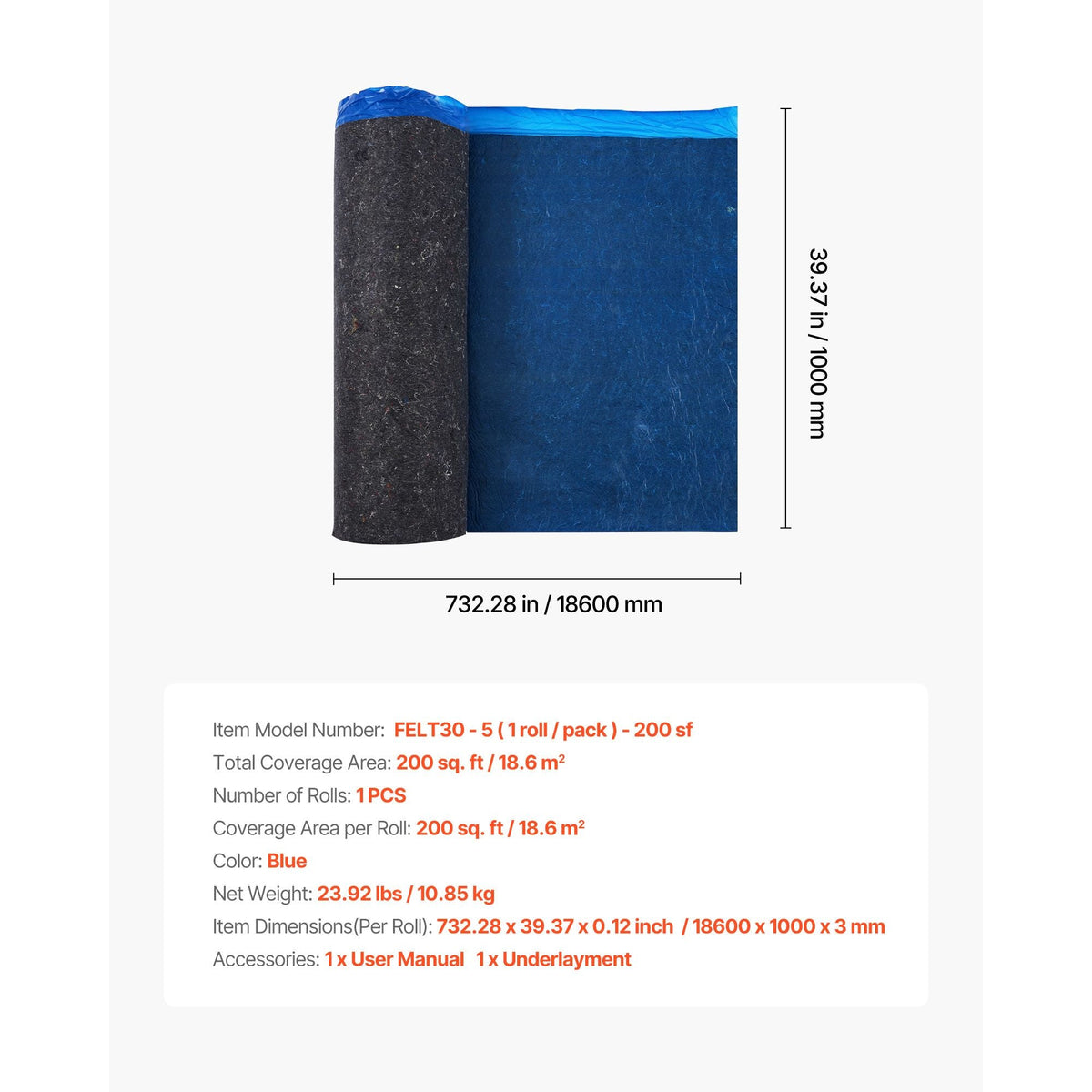 Floor Underlayment 200 sq. ft/Roll, 3 mm Thick Laminate Flooring Padding with Attached Vapor Barrier, Heavy Duty Fiber + PE Film, Soundproofing & Noise Reduction, Ideal for Vinyl Wood