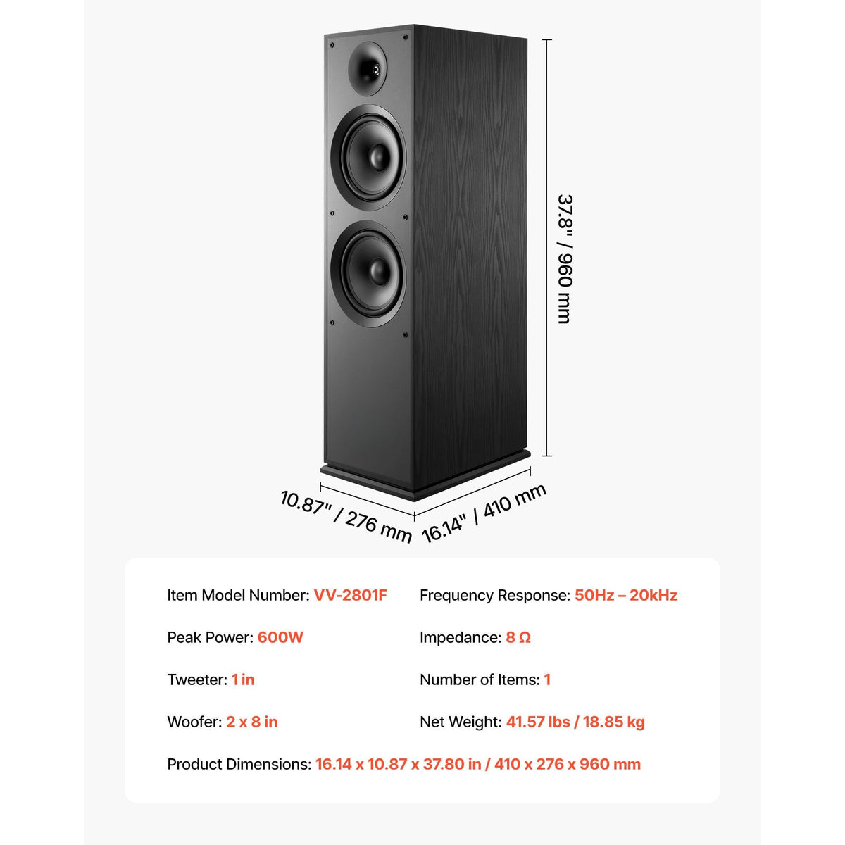Floorstanding Speaker, 2-Way, Floor-Standing Tower Speaker with 1-Inch Tweeter, Dual 8-Inch Woofers, 600W Peak Power, 50Hz–20kHz Frequency Response, Durable MDF Enclosure, for Home Audio, Single