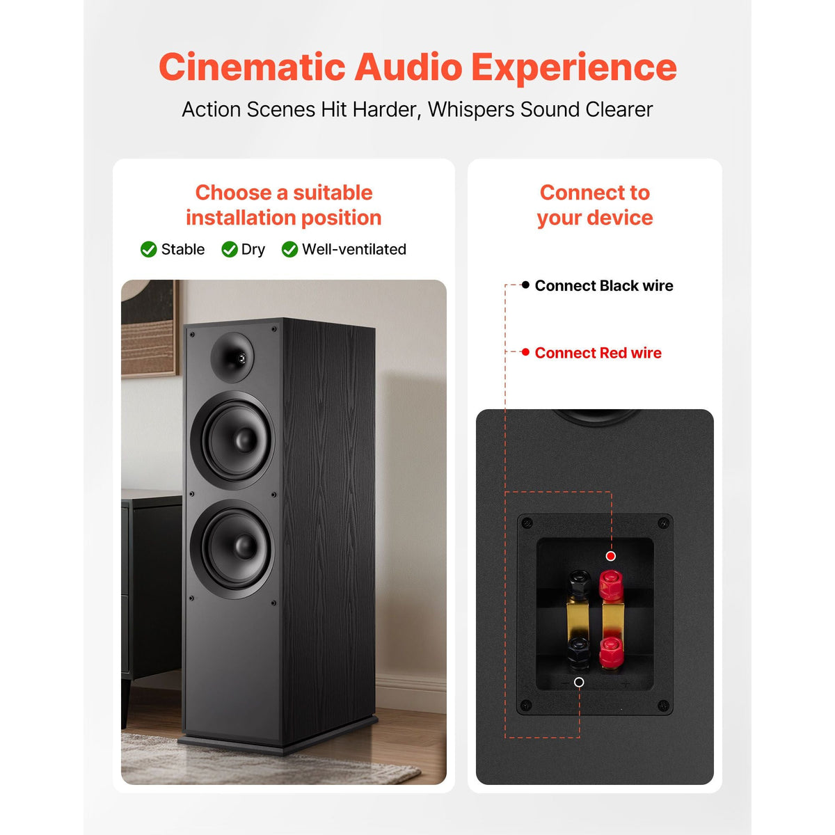 Floorstanding Speaker, 2-Way, Floor-Standing Tower Speaker with 1-Inch Tweeter, Dual 8-Inch Woofers, 600W Peak Power, 50Hz–20kHz Frequency Response, Durable MDF Enclosure, for Home Audio, Single