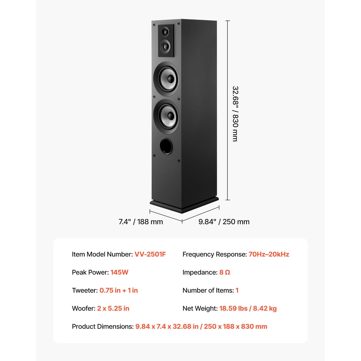 Floorstanding Speaker, 3-Way, Floor-Standing Tower Speaker with 0.75 in & 1 in Tweeter, Dual 5.25 in Woofers, 145W Peak, 70Hz–20kHz Frequency Response, MDF Enclosure, for Home Audio, Single
