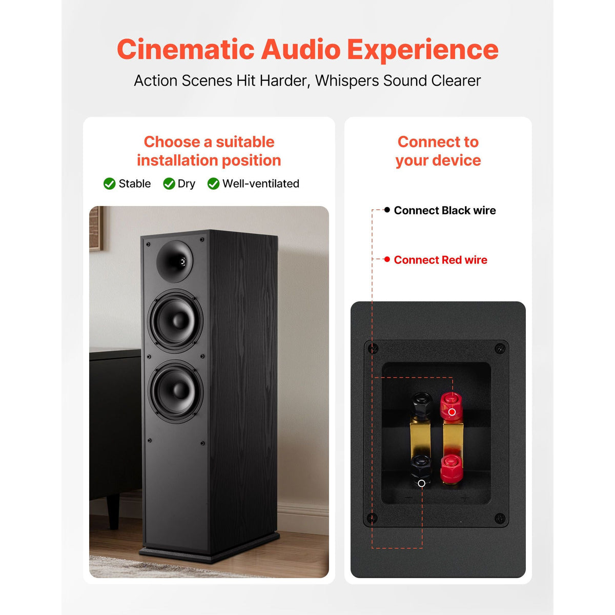 Floorstanding Speakers, 2-Way, Floor-Standing Tower Speakers with 1 in Tweeter, Dual 6.5 in Woofers, 400W Peak Power, 65Hz–20kHz Frequency Response, Durable MDF Enclosure, for Home Audio, Pair
