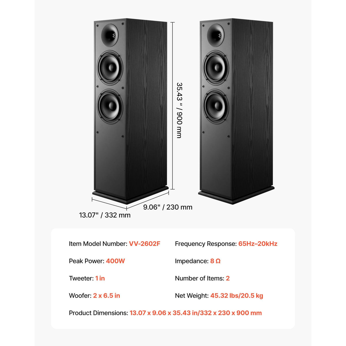 Floorstanding Speakers, 2-Way, Floor-Standing Tower Speakers with 1 in Tweeter, Dual 6.5 in Woofers, 400W Peak Power, 65Hz–20kHz Frequency Response, Durable MDF Enclosure, for Home Audio, Pair