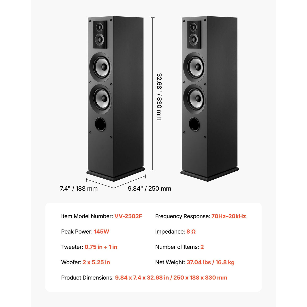 Floorstanding Speakers Pair, 3-Way, Floor-Standing Tower Speakers with 0.75 in & 1 in Tweeter, Dual 5.25 in Woofers, 145W Peak Power, 70Hz–20kHz Frequency Response, MDF Enclosure, for Home Audio