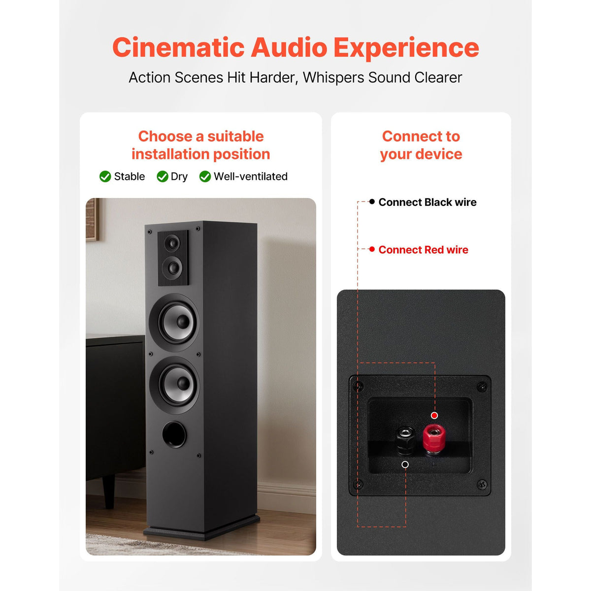 Floorstanding Speakers Pair, 3-Way, Floor-Standing Tower Speakers with 0.75 in & 1 in Tweeter, Dual 5.25 in Woofers, 145W Peak Power, 70Hz–20kHz Frequency Response, MDF Enclosure, for Home Audio