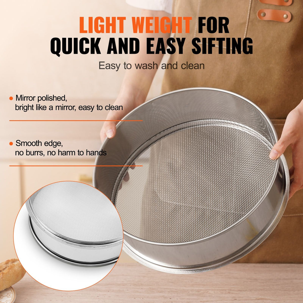 Flour Sieve Fine Mesh, 12 Mesh Flour Sifter, 304 Stainless Steel Fine Mesh Sifter Food-grade, Dia. 12.6" Fine Mesh Strainers for Baking, 5 Sizes Mesh hole for Mungbean, Rice, Flour, Pearl Powder