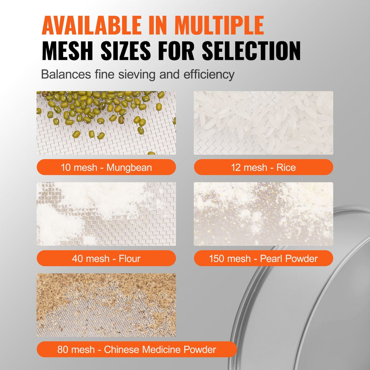 Flour Sieve Fine Mesh, 12 Mesh Flour Sifter, 304 Stainless Steel Fine Mesh Sifter Food-grade, Dia. 12.6" Fine Mesh Strainers for Baking, 5 Sizes Mesh hole for Mungbean, Rice, Flour, Pearl Powder