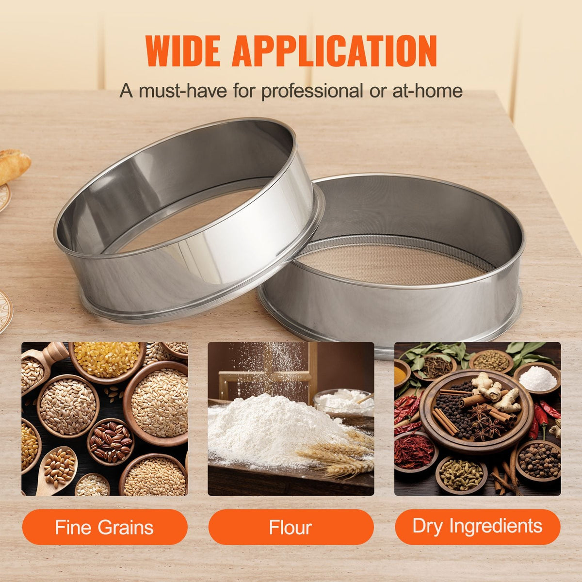 Flour Sieve Fine Mesh, 80 Mesh Flour Sifter, 304 Stainless Steel Fine Mesh Sifter Food-grade, Dia. 12.6" Fine Mesh Strainers for Baking, 5 Sizes Mesh hole for Mungbean, Rice, Flour, Pearl Powder