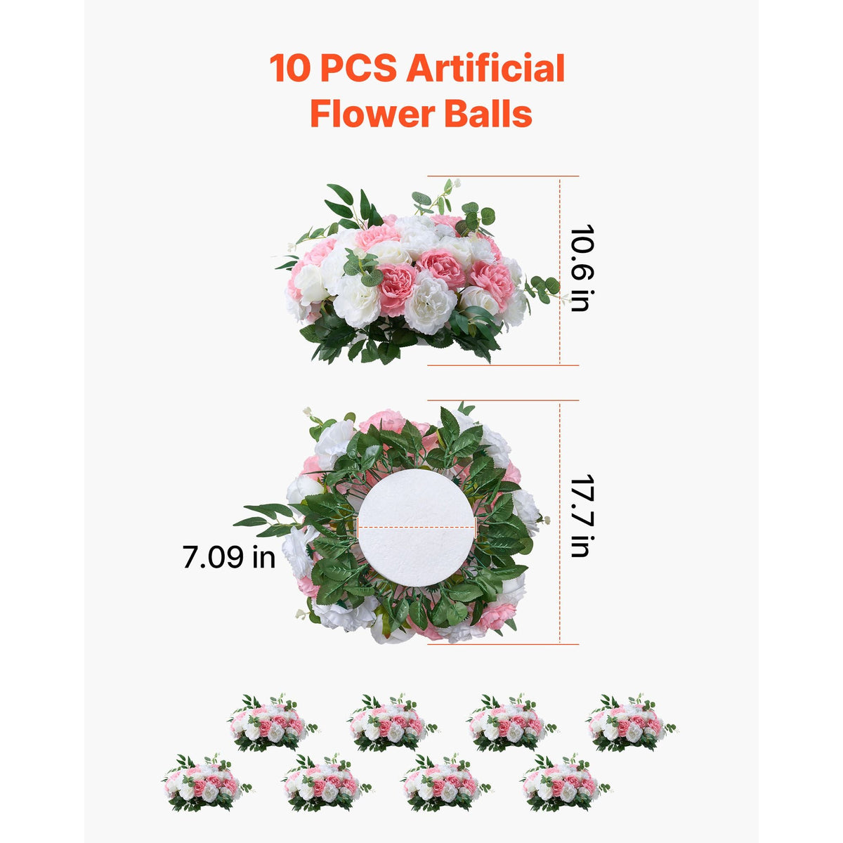 Flower Ball Arrangement Bouquet 10 PCS, 17.7-Inch Diameter Artificial Flower Balls Wedding Table Centerpieces, Rose Arrangements for Wedding Centerpiece Home Decorations, Pink and White Roses