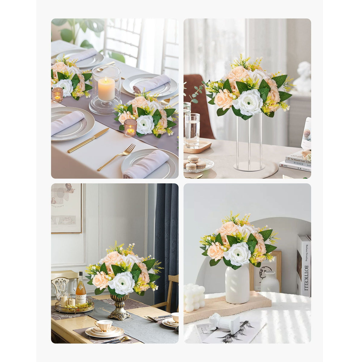 Flower Ball Arrangement Bouquet 10 PCS, 9.5-Inch Diameter Artificial Flower Balls Wedding Table Centerpieces, Rose Arrangements for Wedding Centerpiece Home Decoration, Champagne & White Roses