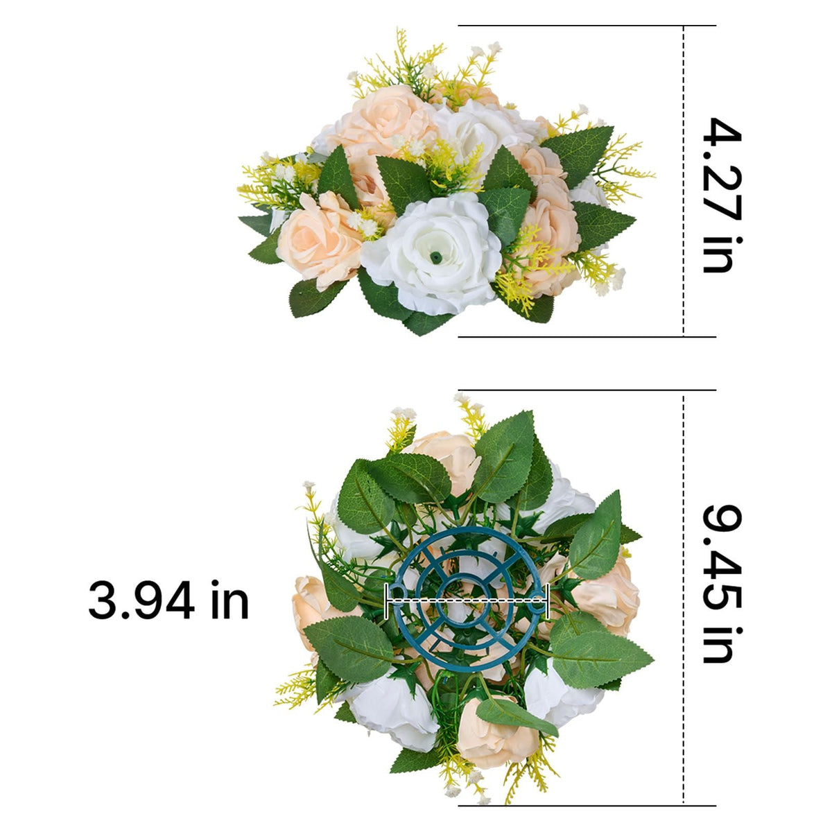 Flower Ball Arrangement Bouquet 10 PCS, 9.5-Inch Diameter Artificial Flower Balls Wedding Table Centerpieces, Rose Arrangements for Wedding Centerpiece Home Decoration, Champagne & White Roses