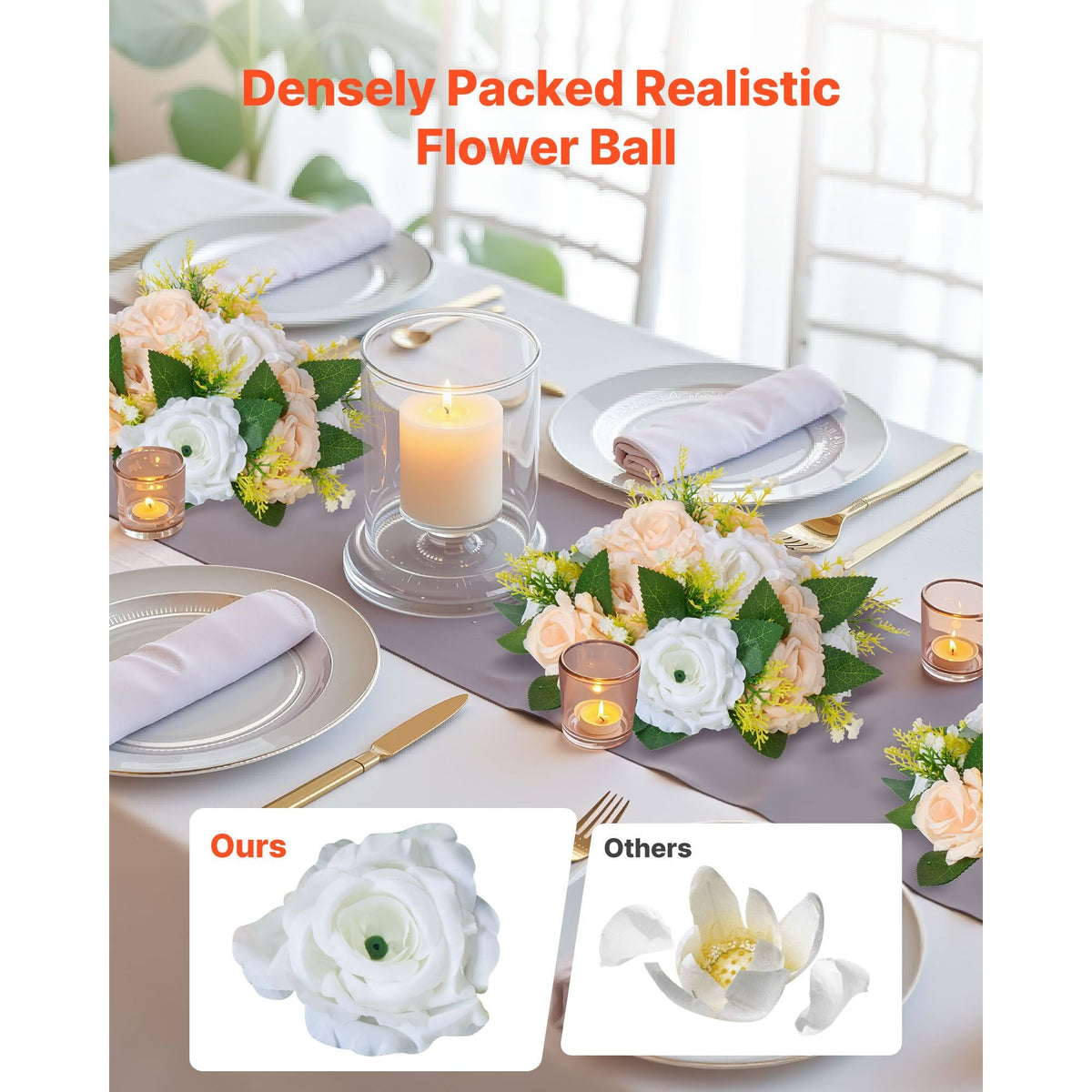 Flower Ball Arrangement Bouquet 10 PCS, 9.5-Inch Diameter Artificial Flower Balls Wedding Table Centerpieces, Rose Arrangements for Wedding Centerpiece Home Decoration, Champagne & White Roses