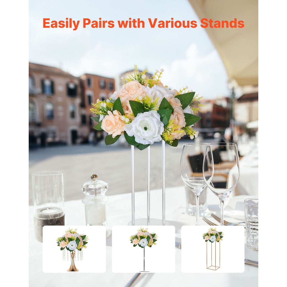 Flower Ball Arrangement Bouquet 10 PCS, 9.5-Inch Diameter Artificial Flower Balls Wedding Table Centerpieces, Rose Arrangements for Wedding Centerpiece Home Decoration, Champagne & White Roses
