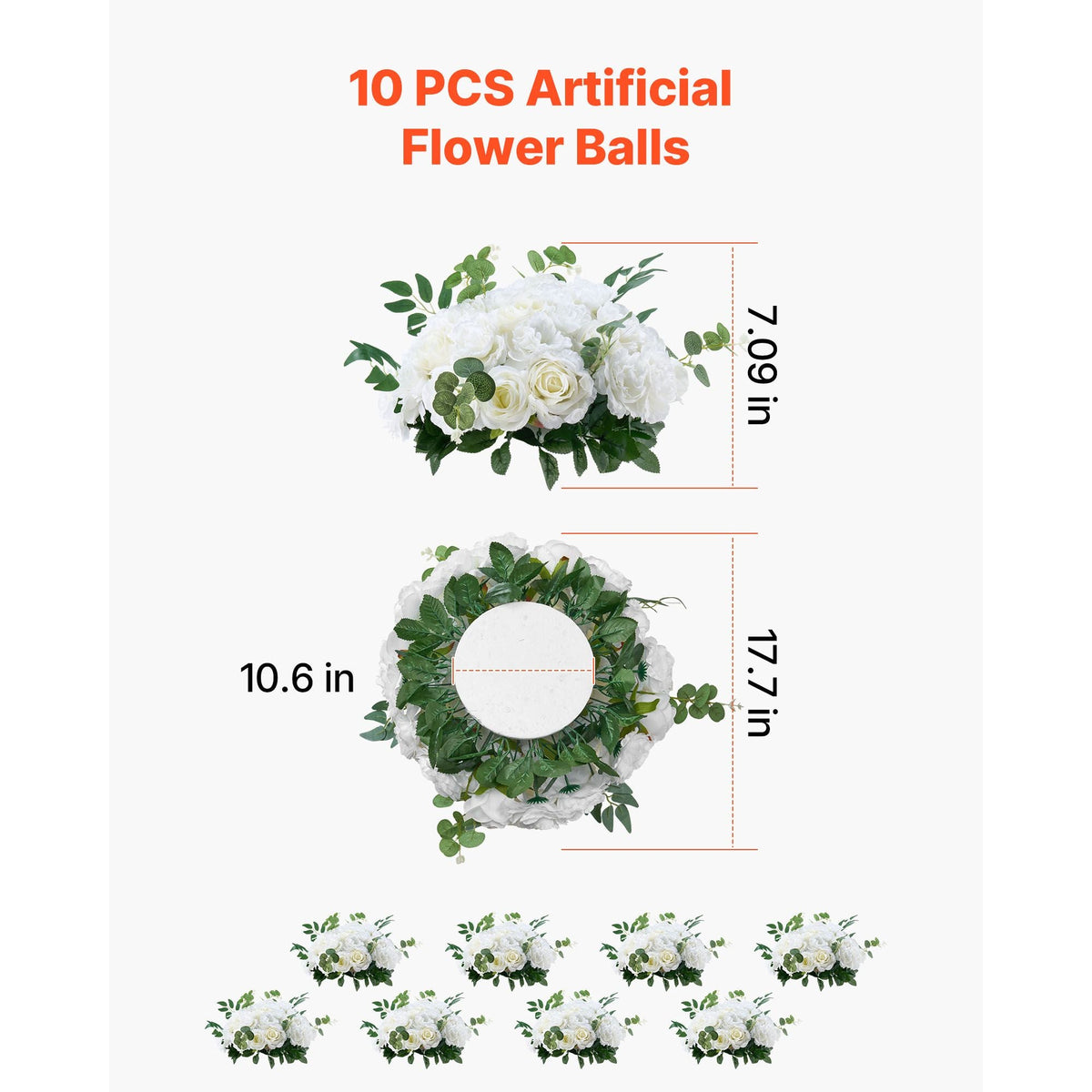 Flower Balls Arrangement Bouquet 10 PCS, 17.7-Inch Diameter Artificial Flower Balls Wedding White Roses Centerpieces, Faux Flowers Arrangements for Wedding Centerpiece Home Table Decorations