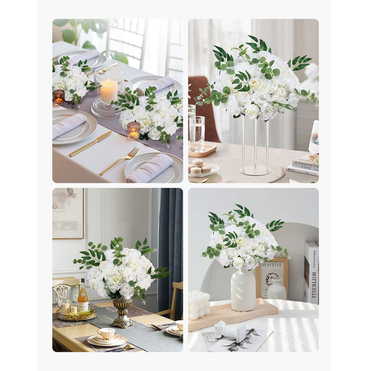 Flower Balls Arrangement Bouquet 10 PCS, 17.7-Inch Diameter Artificial Flower Balls Wedding White Roses Centerpieces, Faux Flowers Arrangements for Wedding Centerpiece Home Table Decorations