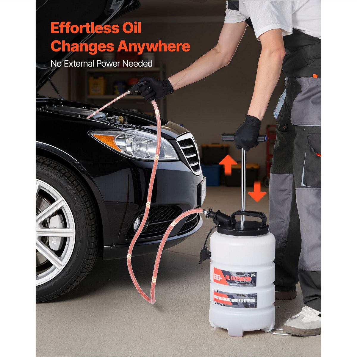Fluid Extractor, 9.5 L Capacity, Manual Vacuum Oil Extractor Pump with 59 in Long Horse & Three 47 in Extension Tubes, Oil Change Pump with HDPE Tank for Cars, Lawn Mowers, Boats, Motorcycles