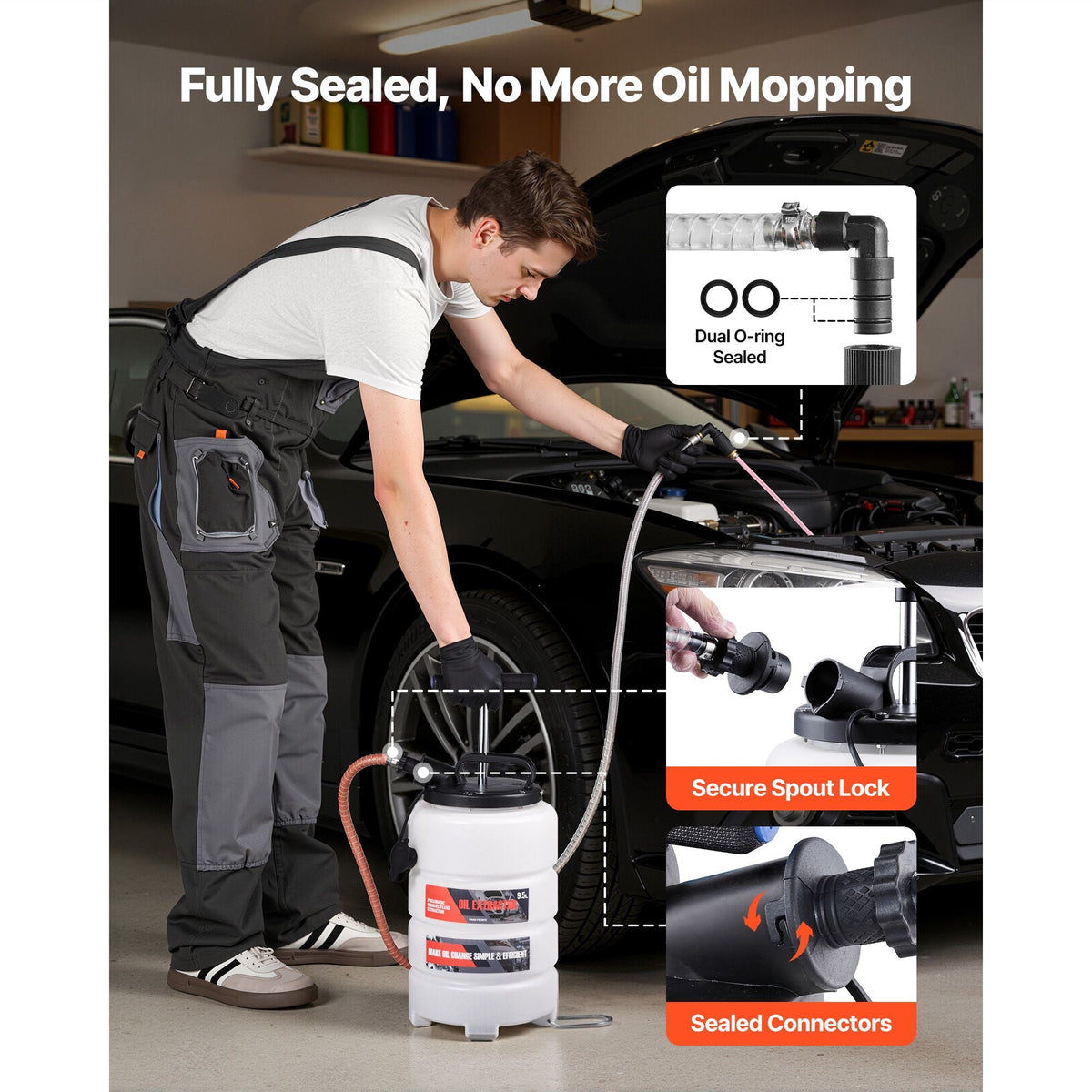 Fluid Extractor, 9.5 L Capacity, Manual Vacuum Oil Extractor Pump with 59 in Long Horse & Three 47 in Extension Tubes, Oil Change Pump with HDPE Tank for Cars, Lawn Mowers, Boats, Motorcycles
