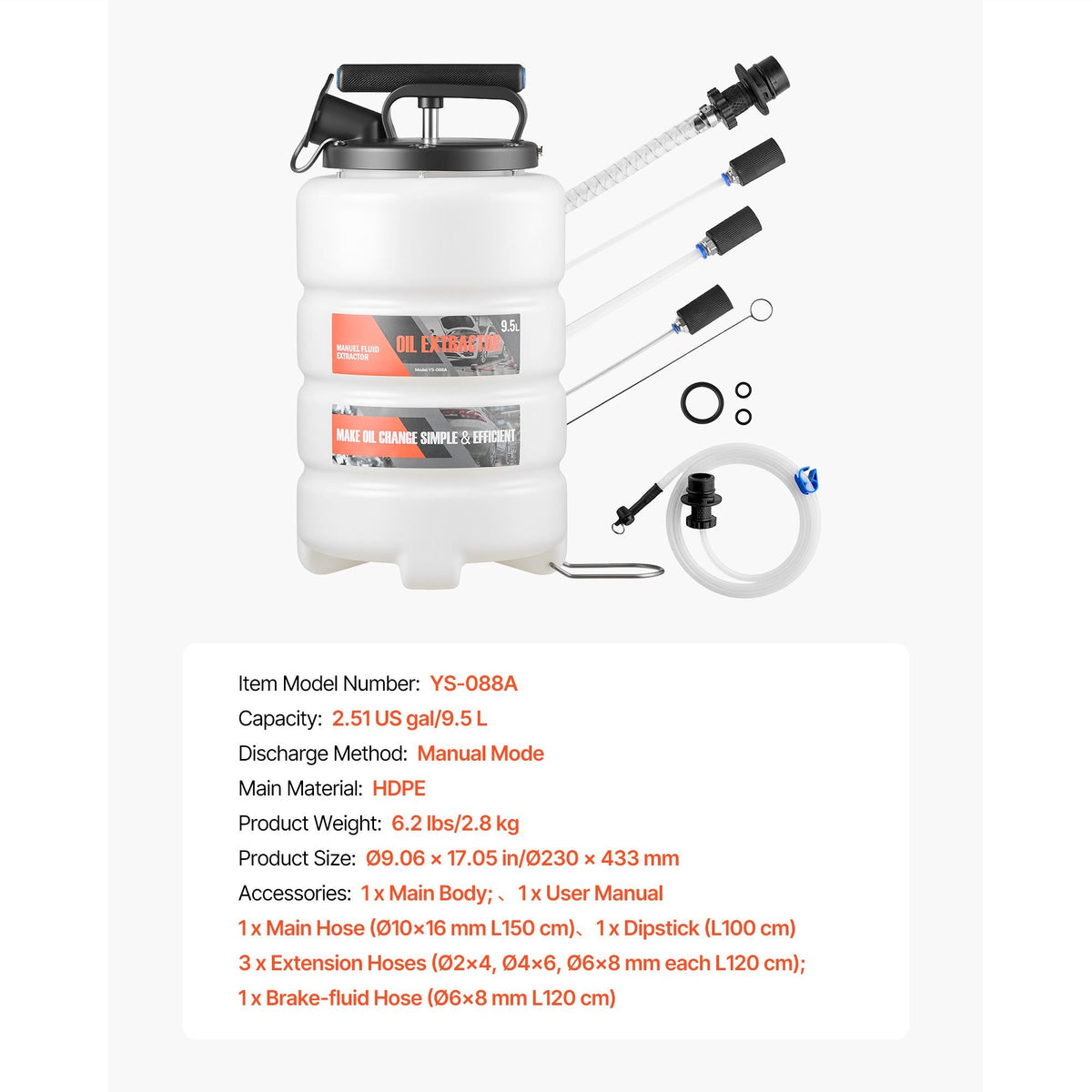 Fluid Extractor, 9.5 L Capacity, Manual Vacuum Oil Extractor Pump with 59 in Long Horse & Three 47 in Extension Tubes, Oil Change Pump with HDPE Tank for Cars, Lawn Mowers, Boats, Motorcycles