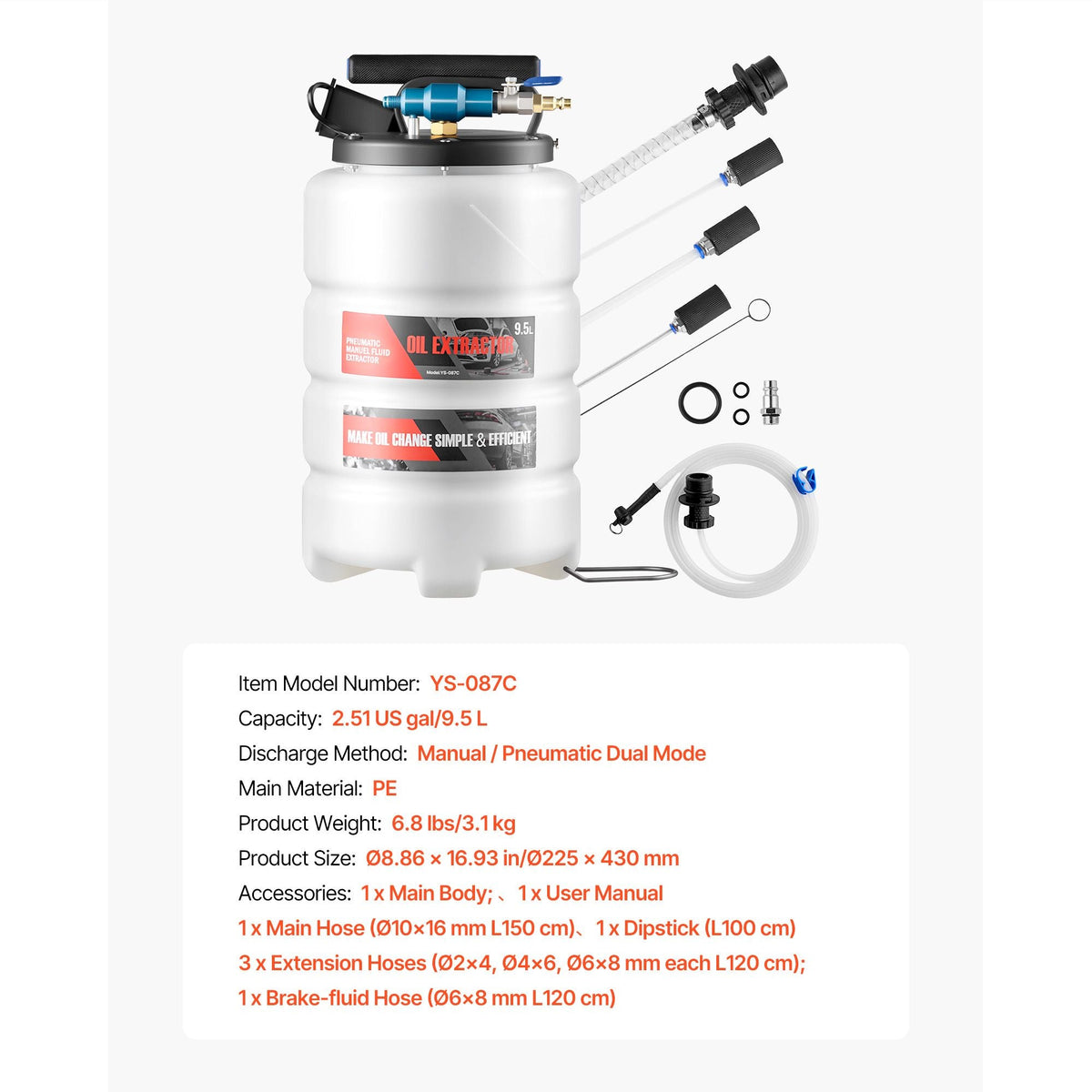 Fluid Extractor, 9.5 L Capacity, Pneumatic/Manual Vacuum Oil Extractor Pump with 59 in Long Horse & Three 47 in Extension Tubes, Oil Change Pump with PE Tank for Cars, Lawn Mowers, Boats