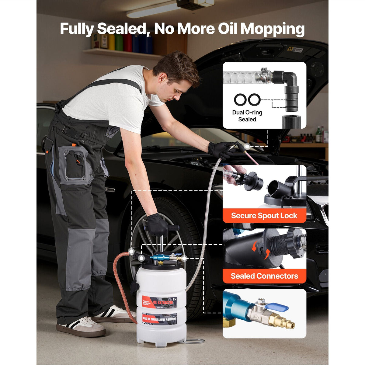 Fluid Extractor, 9.5 L Capacity, Pneumatic/Manual Vacuum Oil Extractor Pump with 59 in Long Horse & Three 47 in Extension Tubes, Oil Change Pump with PE Tank for Cars, Lawn Mowers, Boats