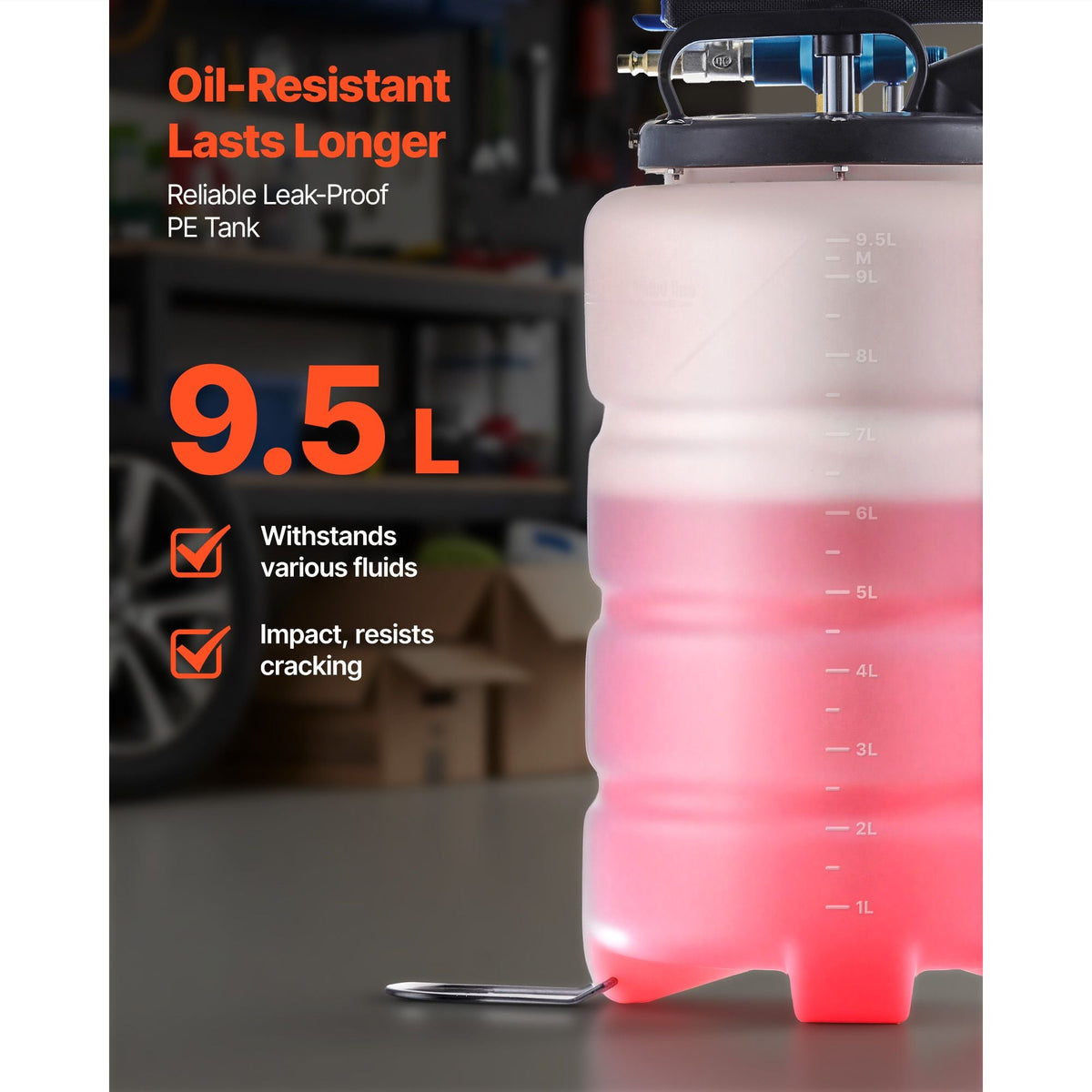 Fluid Extractor, 9.5 L Capacity, Pneumatic/Manual Vacuum Oil Extractor Pump with 59 in Long Horse & Three 47 in Extension Tubes, Oil Change Pump with PE Tank for Cars, Lawn Mowers, Boats