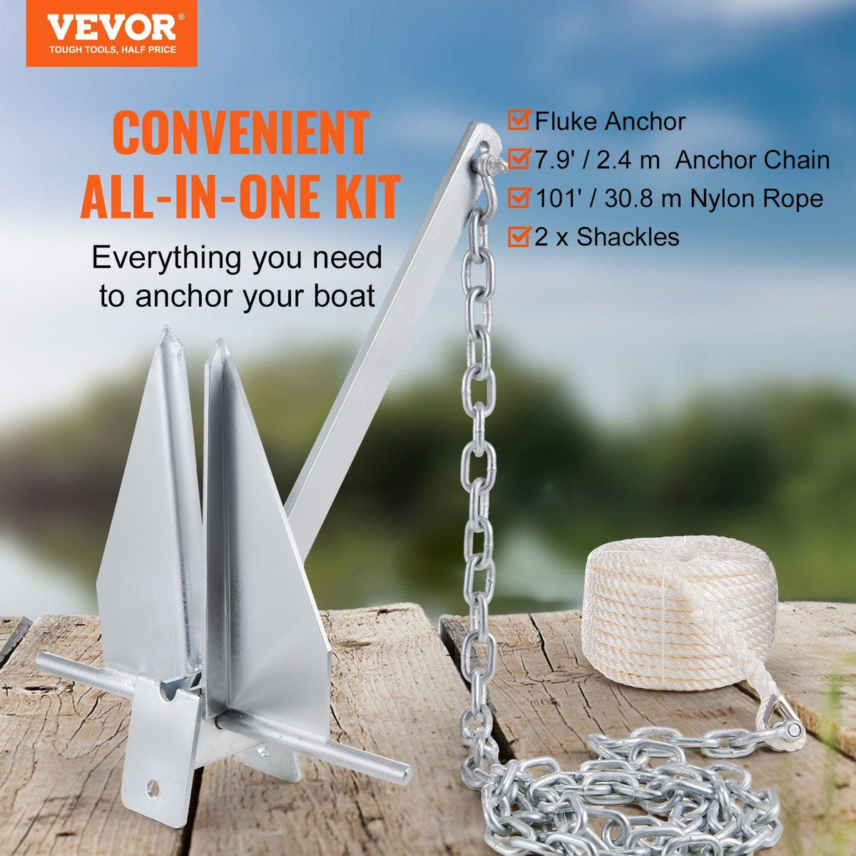 Fluke Style Anchor Kit, 13 LBS Hot-Dipped Galvanized Steel Fluke Anchor with 7.9' Chain, 101' Rope and Two 0.4" Shackles, Marine Boat Anchor for Small Vessels Under 30', Seas, Rivers and Shores