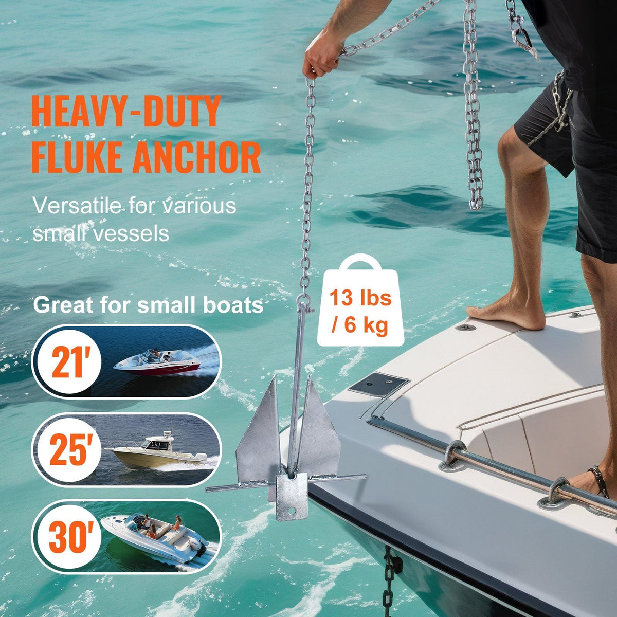 Fluke Style Anchor Kit, 13 LBS Hot-Dipped Galvanized Steel Fluke Anchor with 7.9' Chain, 101' Rope and Two 0.4" Shackles, Marine Boat Anchor for Small Vessels Under 30', Seas, Rivers and Shores