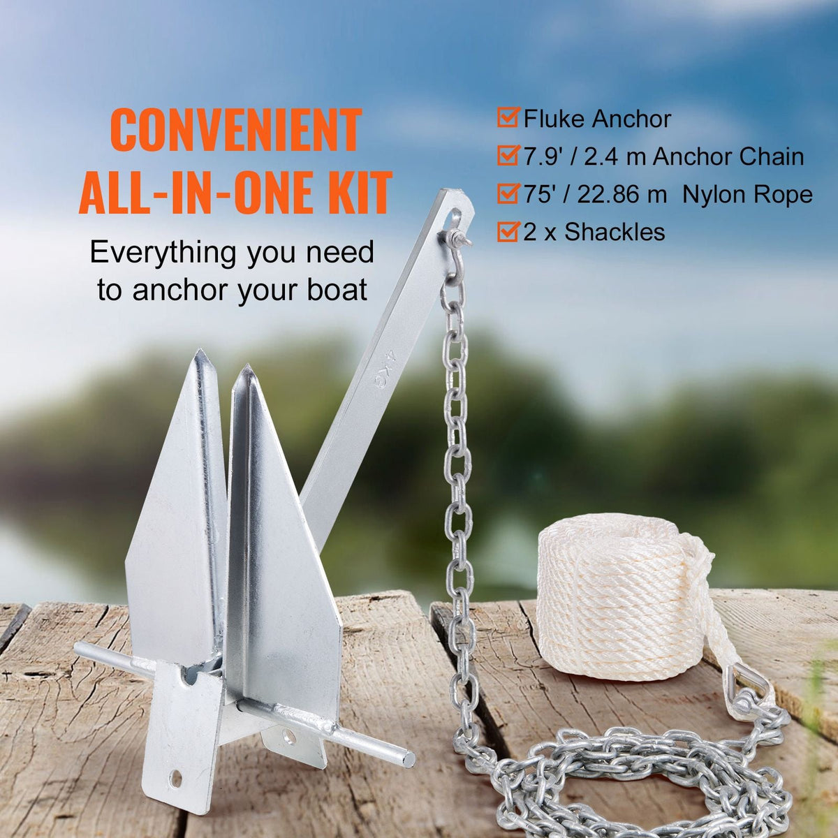 Fluke Style Anchor Kit, 8.5 LBS Hot-Dipped Galvanized Steel Fluke Anchor with 7.9' Chain, 75' Rope and Two 0.4" Shackles, Marine Boat Anchor for Small Vessels Under 18', Seas, Rivers and Shores
