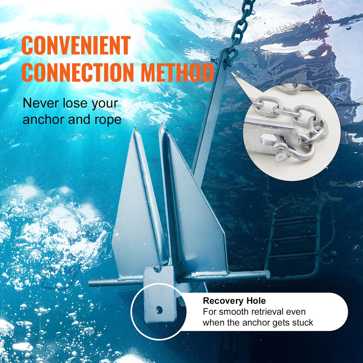 Fluke Style Anchor Kit, 8.5 LBS Hot-Dipped Galvanized Steel Fluke Anchor with 7.9' Chain, 75' Rope and Two 0.4" Shackles, Marine Boat Anchor for Small Vessels Under 18', Seas, Rivers and Shores