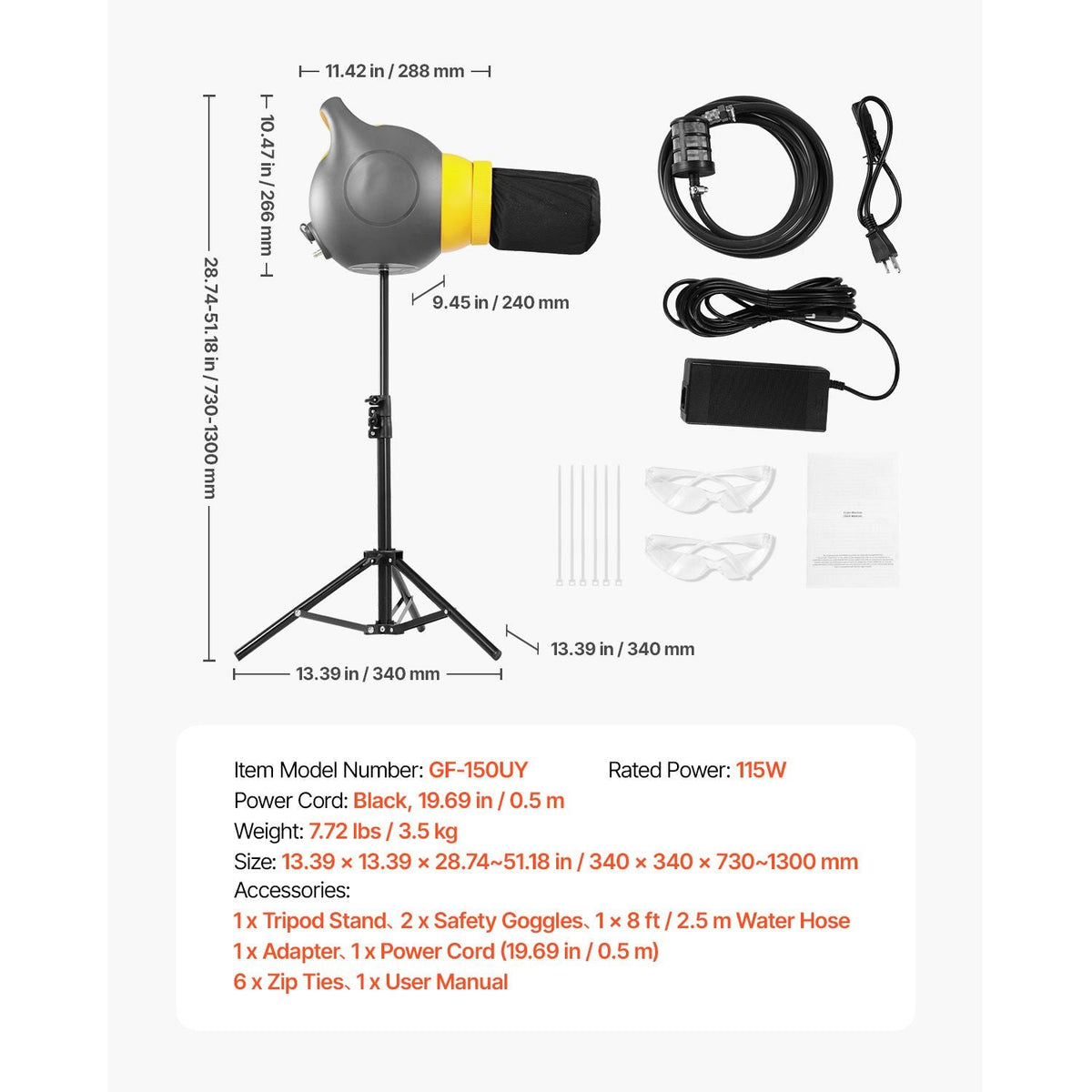 Foam Machine, 115 W Party Foam Cannon, Portable Foam Maker with a Tripod Stand, Powerful Foam Party Machine, for Backyard, Pool, Outdoor Events, Birthdays, Celebrations and Party, Grey & Yellow