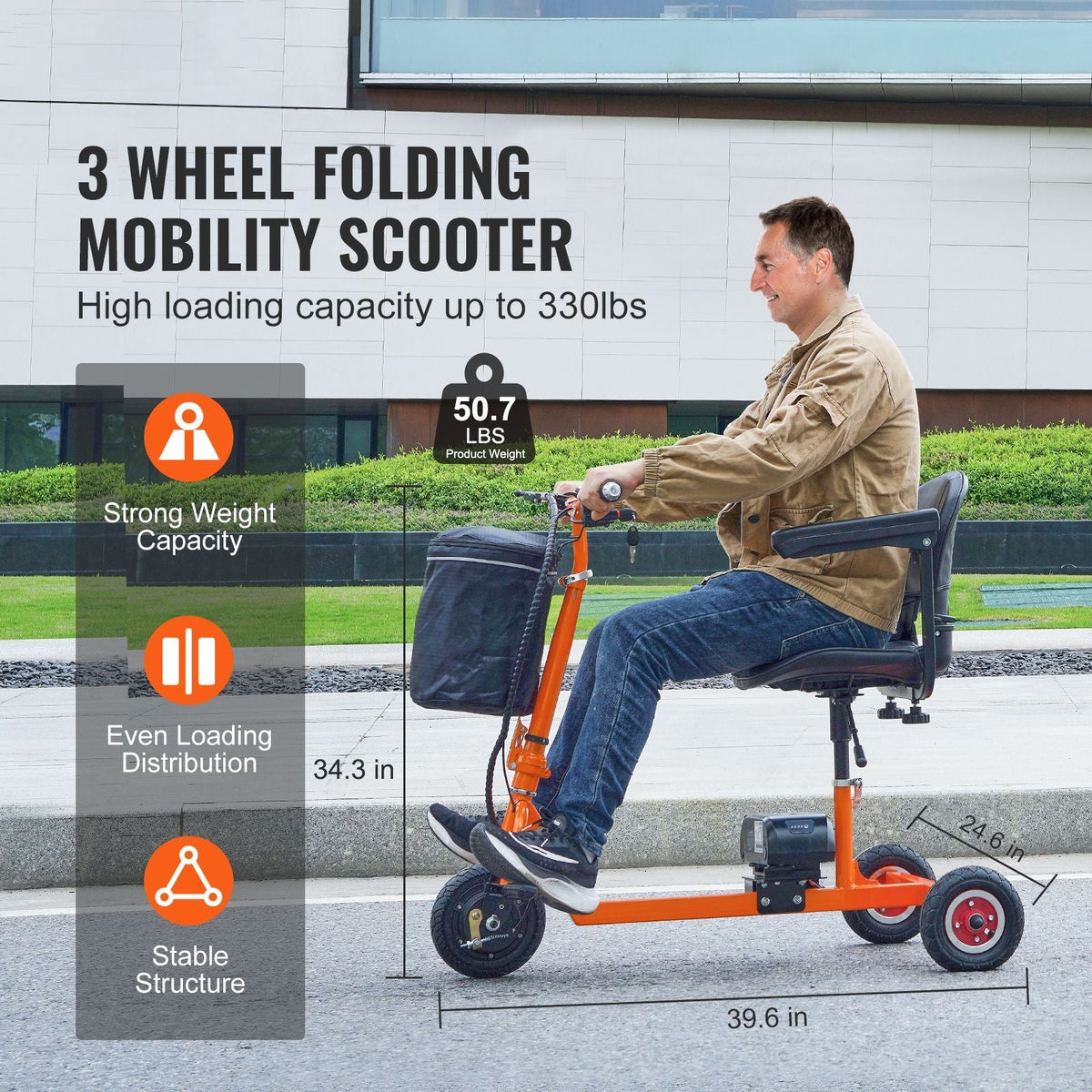 Foldable 3 Wheel Mobility Scooter for Seniors, Portable Electric Powered Mobility Scooter with 12 Mile Long Range, All Terrain Travel Wheelchair with 48V Lithium-ion Battery, Max Support 330LBS