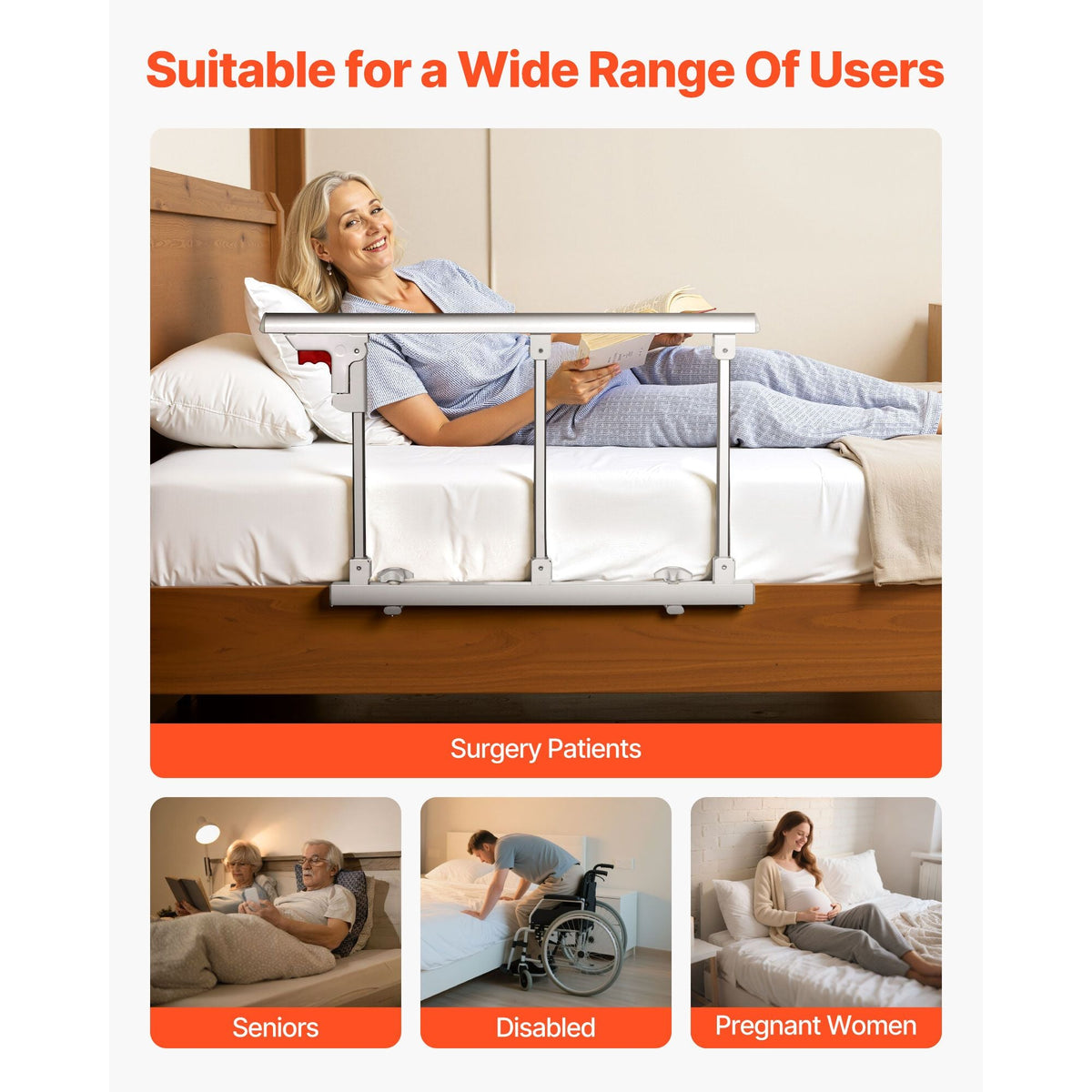 Foldable Bed Rail for Elderly, 28 in Bedside Assist Rail with Fixing Strap, Adjustable Height Pipe Bedside Cane, High-Strength Metal Senior Bed Bar, Hand Guard Grab Fits King, Queen, Full, Twin
