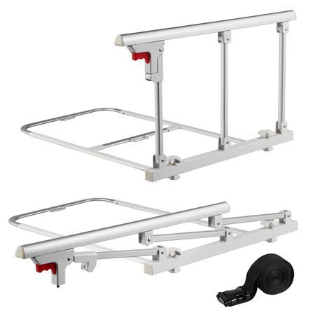 Foldable Bed Rail for Elderly, 28 in Bedside Assist Rail with Fixing Strap, Adjustable Height Pipe Bedside Cane, High-Strength Metal Senior Bed Bar, Hand Guard Grab Fits King, Queen, Full, Twin