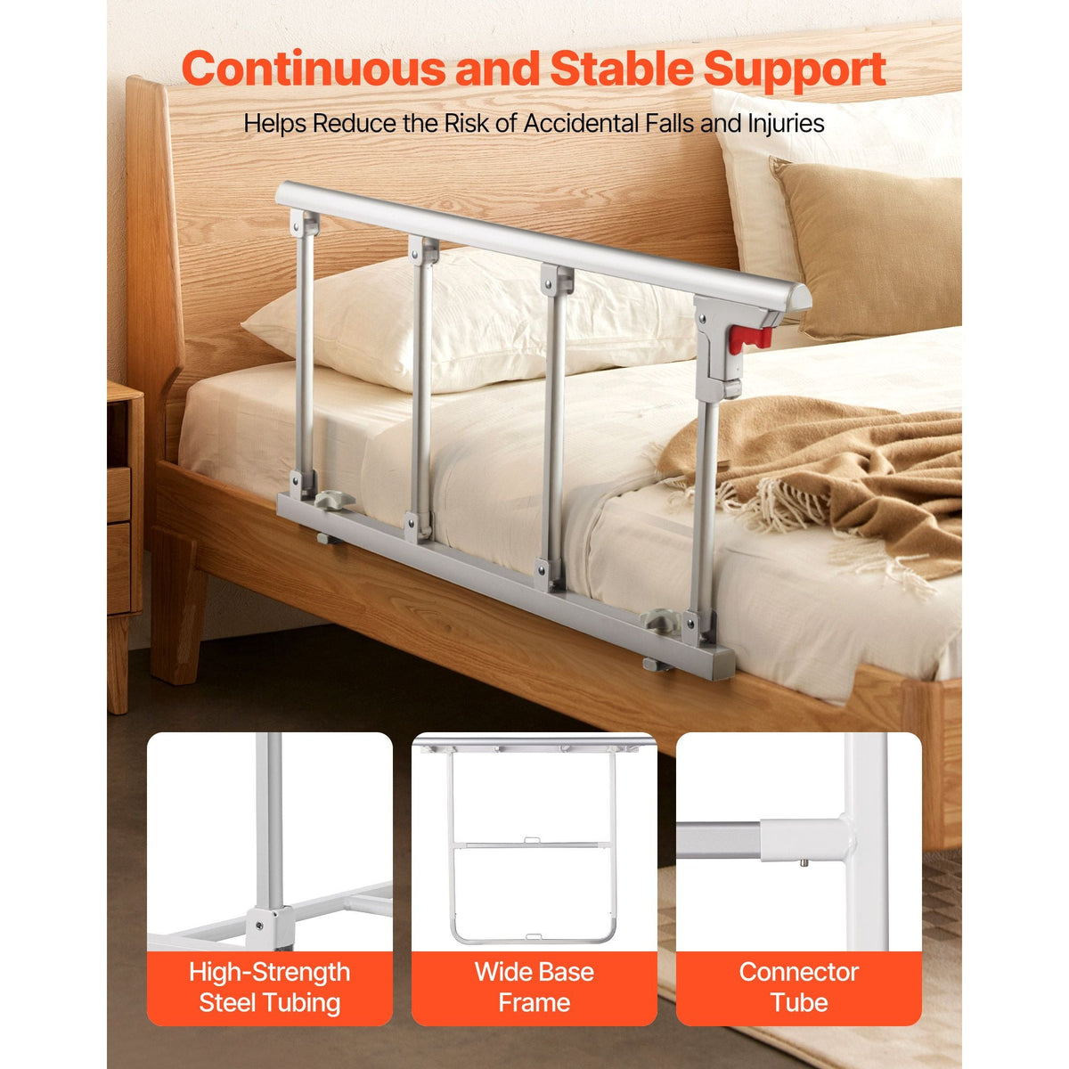 Foldable Bed Rail for Elderly, 38 in Bedside Assist Rail with Fixing Strap, Adjustable Height Pipe Bedside Cane, High-Strength Metal Senior Bed Bar, Hand Guard Grab Fits King, Queen, Full, Twin