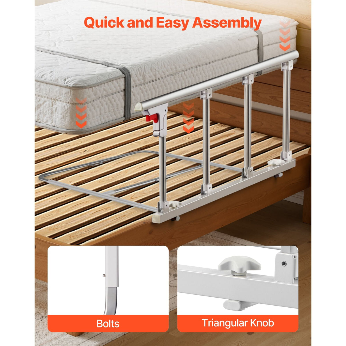 Foldable Bed Rail for Elderly, 38 in Bedside Assist Rail with Fixing Strap, Adjustable Height Pipe Bedside Cane, High-Strength Metal Senior Bed Bar, Hand Guard Grab Fits King, Queen, Full, Twin