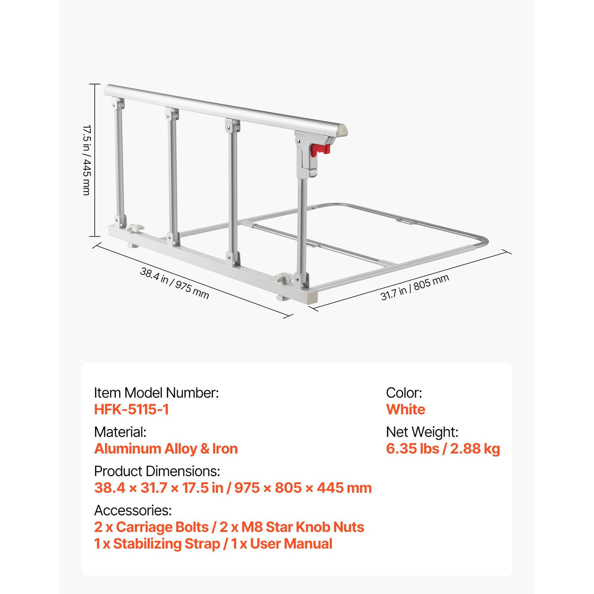 Foldable Bed Rail for Elderly, 38 in Bedside Assist Rail with Fixing Strap, Adjustable Height Pipe Bedside Cane, High-Strength Metal Senior Bed Bar, Hand Guard Grab Fits King, Queen, Full, Twin
