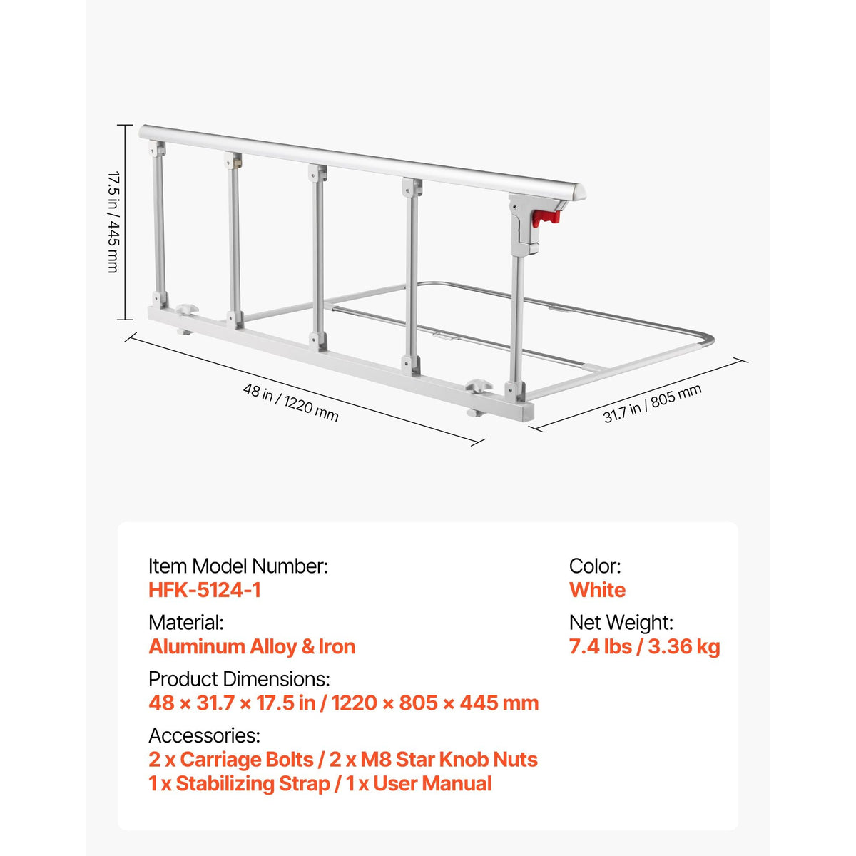Foldable Bed Rail for Elderly, 48 in Bedside Assist Rail with Fixing Strap, Adjustable Height Pipe Bedside Cane, High-Strength Metal Senior Bed Bar, Hand Guard Grab Fits King, Queen, Full, Twin