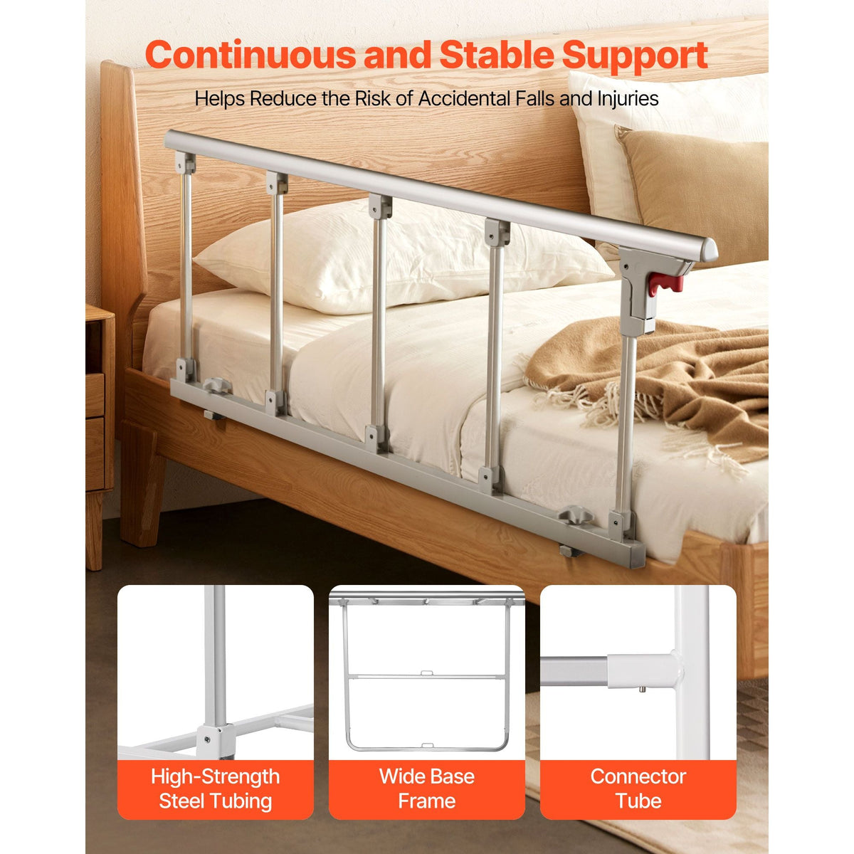 Foldable Bed Rail for Elderly, 48 in Bedside Assist Rail with Fixing Strap, Adjustable Height Pipe Bedside Cane, High-Strength Metal Senior Bed Bar, Hand Guard Grab Fits King, Queen, Full, Twin