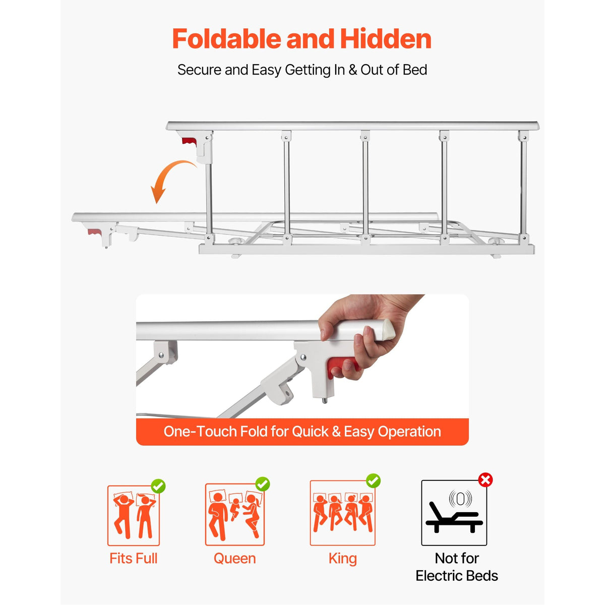 Foldable Bed Rail for Elderly, 48 in Bedside Assist Rail with Fixing Strap, Adjustable Height Pipe Bedside Cane, High-Strength Metal Senior Bed Bar, Hand Guard Grab Fits King, Queen, Full, Twin