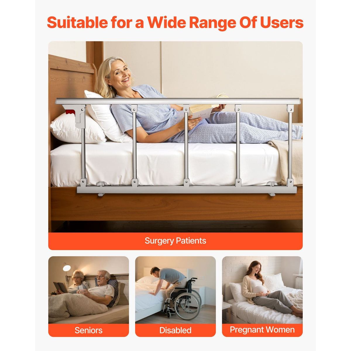 Foldable Bed Rail for Elderly, 48 in Bedside Assist Rail with Fixing Strap, Adjustable Height Pipe Bedside Cane, High-Strength Metal Senior Bed Bar, Hand Guard Grab Fits King, Queen, Full, Twin