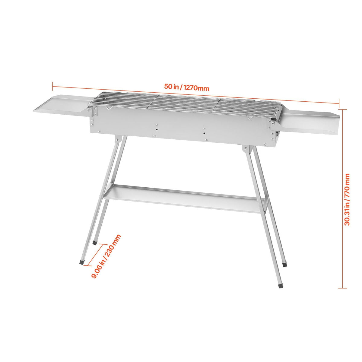 Foldable Charcoal Grill, 250 sq.in. Portable Charcoal Barbecue Grill with Liftable Charcoal Tray & Side Tables, Brushed Stainless Steel BBQ Cooking Grills for Outdoor Camping Backyard Parties