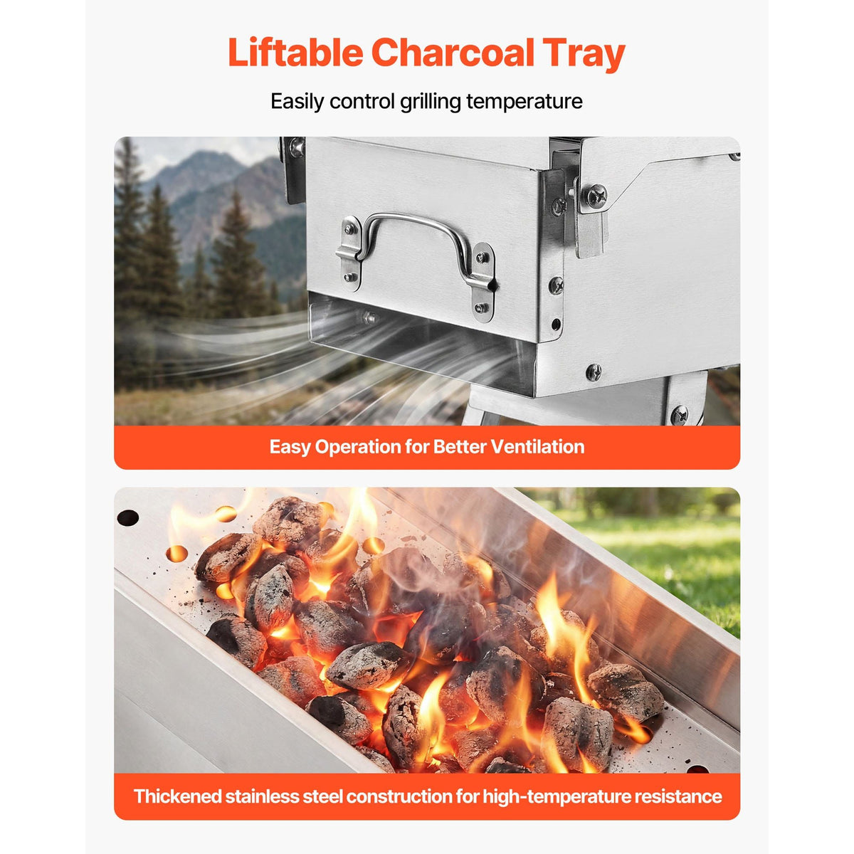 Foldable Charcoal Grill, 250 sq.in. Portable Charcoal Barbecue Grill with Liftable Charcoal Tray & Side Tables, Brushed Stainless Steel BBQ Cooking Grills for Outdoor Camping Backyard Parties