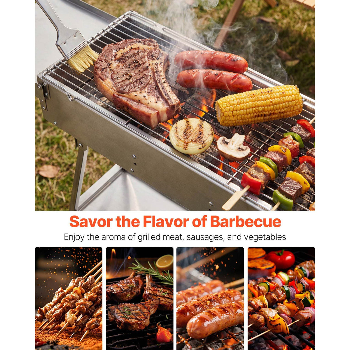 Foldable Charcoal Grill, 250 sq.in. Portable Charcoal Barbecue Grill with Liftable Charcoal Tray & Side Tables, Brushed Stainless Steel BBQ Cooking Grills for Outdoor Camping Backyard Parties