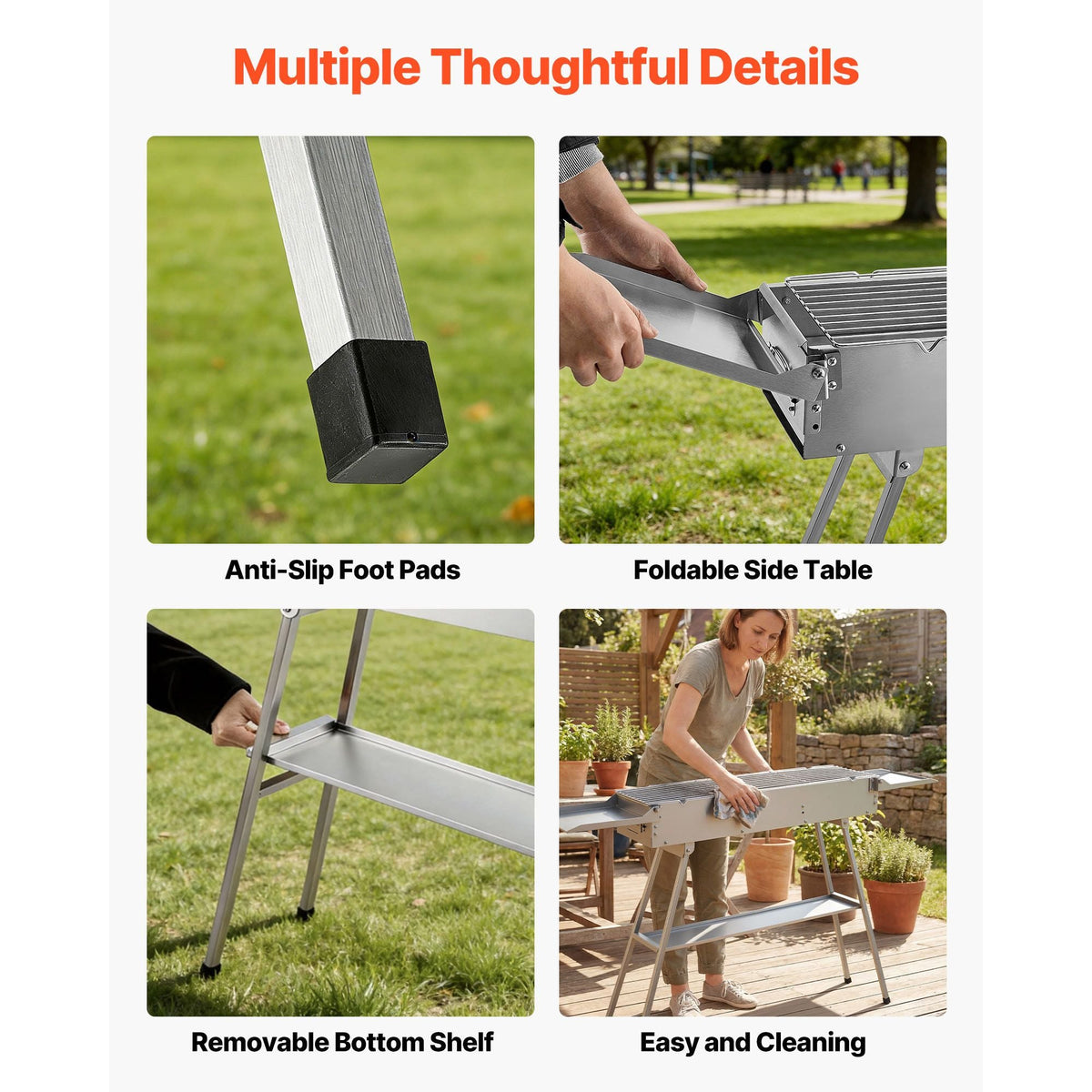 Foldable Charcoal Grill, 250 sq.in. Portable Charcoal Barbecue Grill with Liftable Charcoal Tray & Side Tables, Brushed Stainless Steel BBQ Cooking Grills for Outdoor Camping Backyard Parties