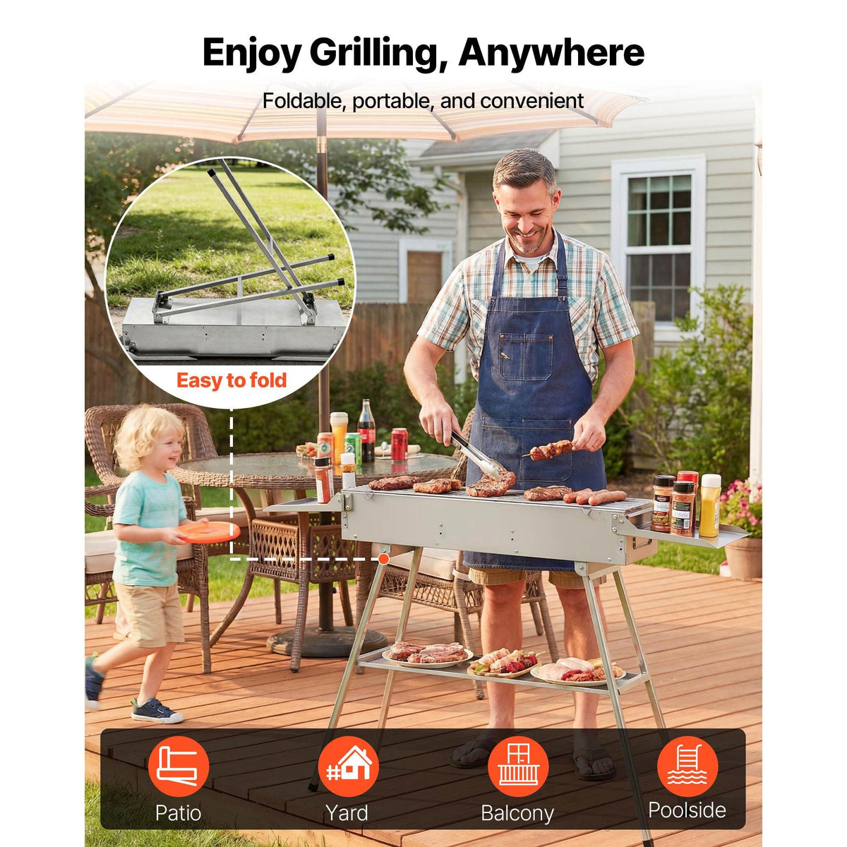 Foldable Charcoal Grill, 250 sq.in. Portable Charcoal Barbecue Grill with Liftable Charcoal Tray & Side Tables, Brushed Stainless Steel BBQ Cooking Grills for Outdoor Camping Backyard Parties