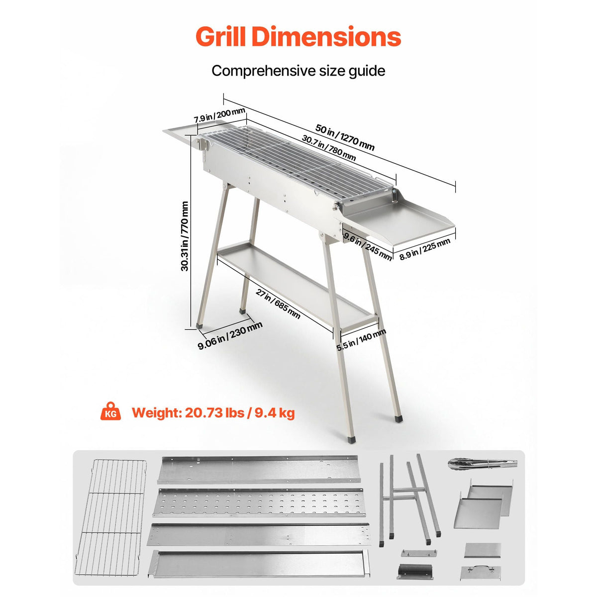 Foldable Charcoal Grill, 250 sq.in. Portable Charcoal Barbecue Grill with Liftable Charcoal Tray & Side Tables, Brushed Stainless Steel BBQ Cooking Grills for Outdoor Camping Backyard Parties