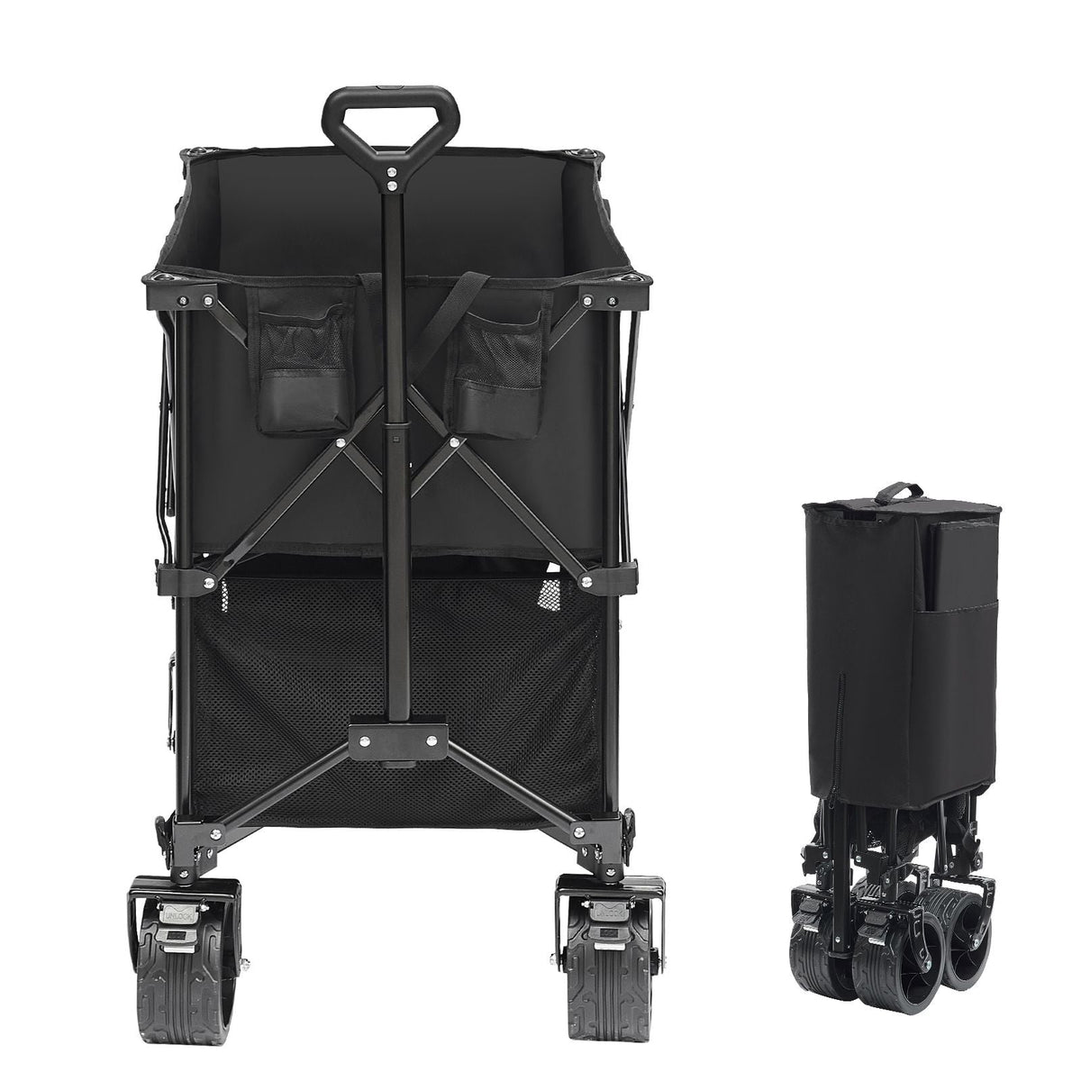 Foldable Double Decker Wagon, 400L Collapsible Wagon Cart with All-Terrain Wheels, Heavy Duty Folding Wagon Cart 350-450 lbs Weight Capacity for Camping, Garden, 52" Extra Long Extender
