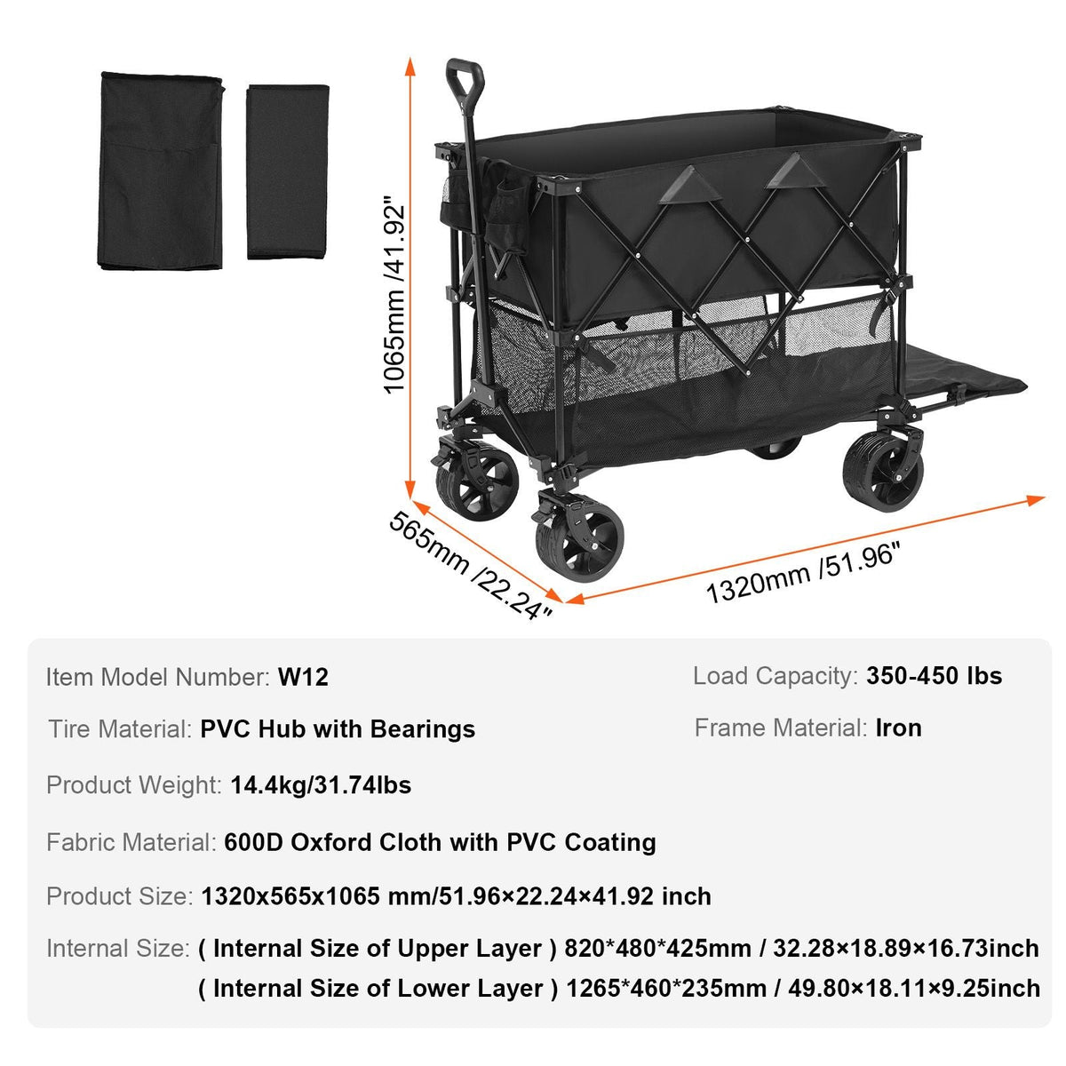 Foldable Double Decker Wagon, 400L Collapsible Wagon Cart with All-Terrain Wheels, Heavy Duty Folding Wagon Cart 350-450 lbs Weight Capacity for Camping, Garden, 52" Extra Long Extender